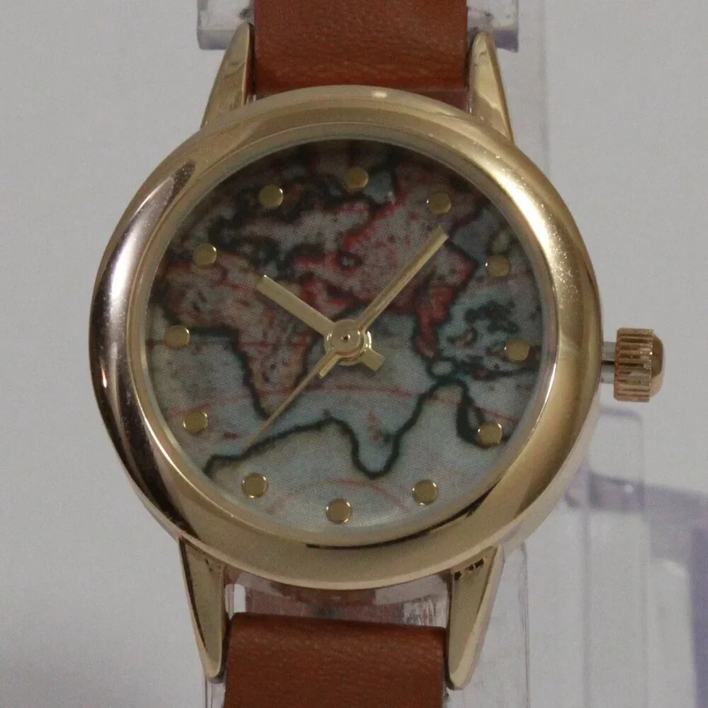 Accutime Ladies Casual Quartz Watch Map Dial Gold Tune Braided Strap 24mm